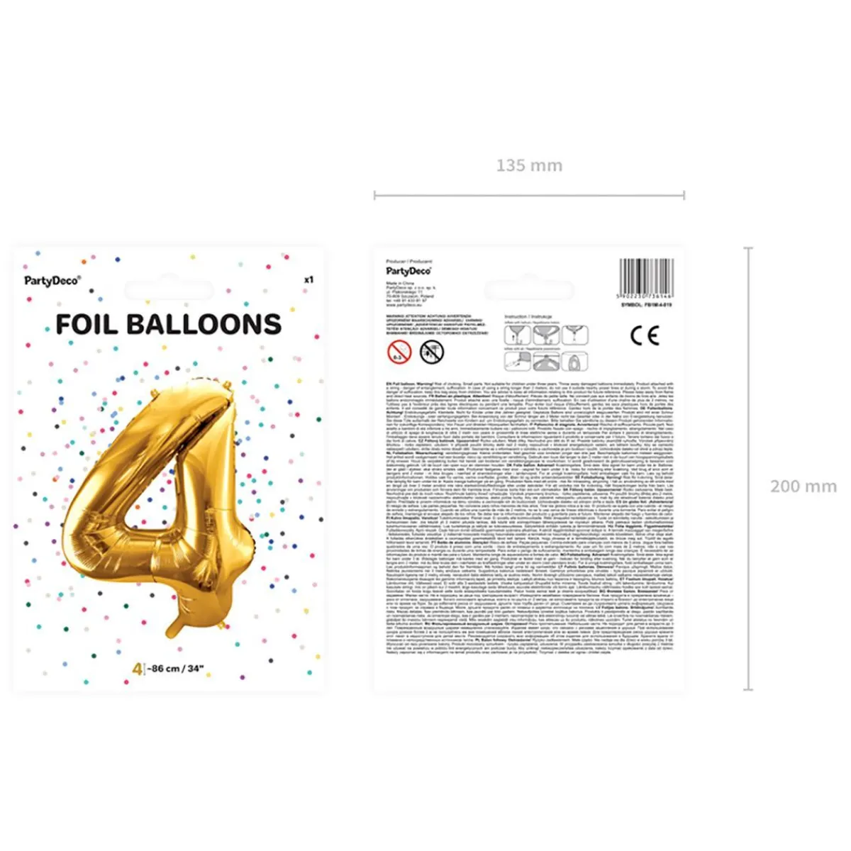 PARTYDECO Balon Metal Foliowy Cyfra "4" 86 Cm Zloty