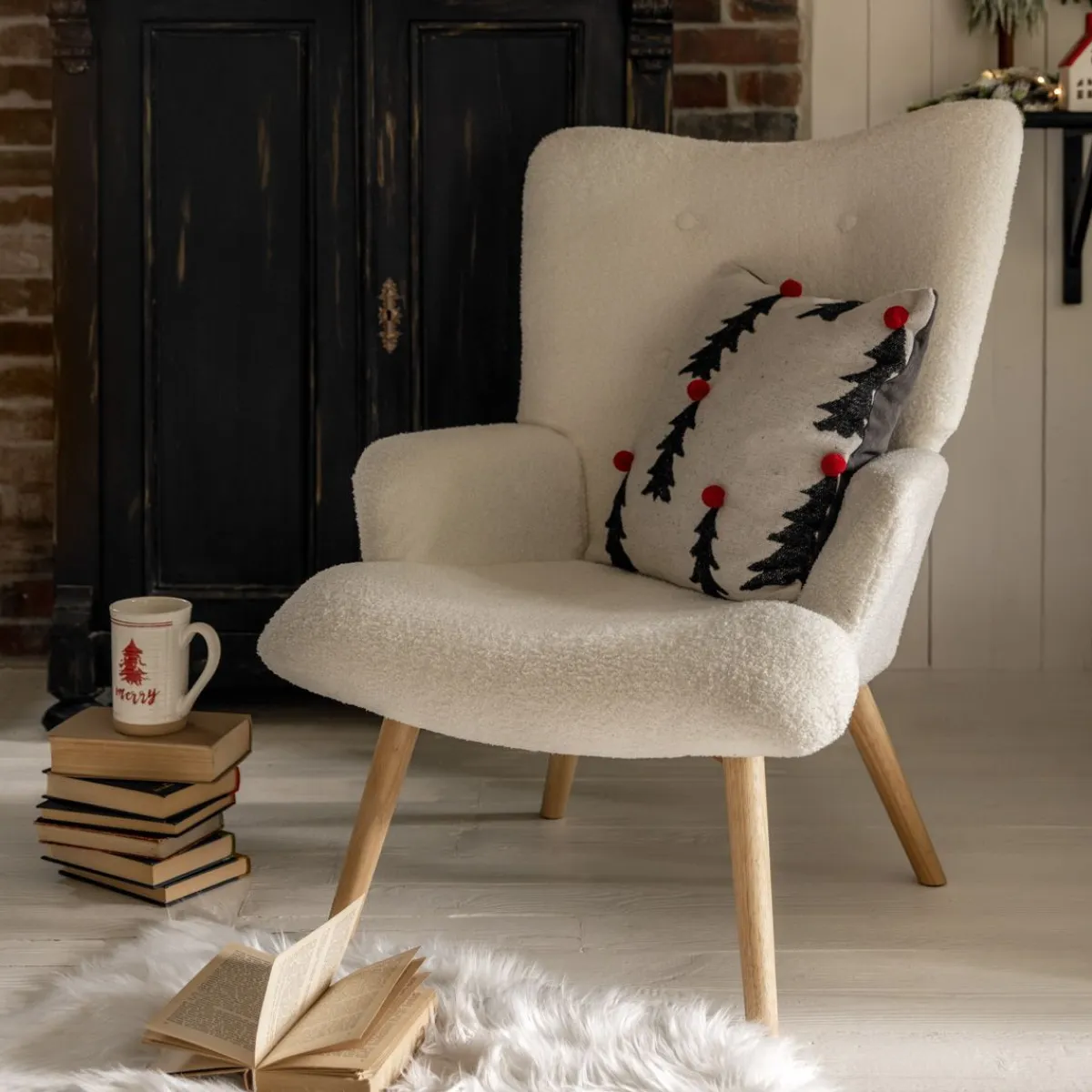 HOMLA Fotel Moss Teddy Boucle W Tkaninie Teddy Bialy Outlet