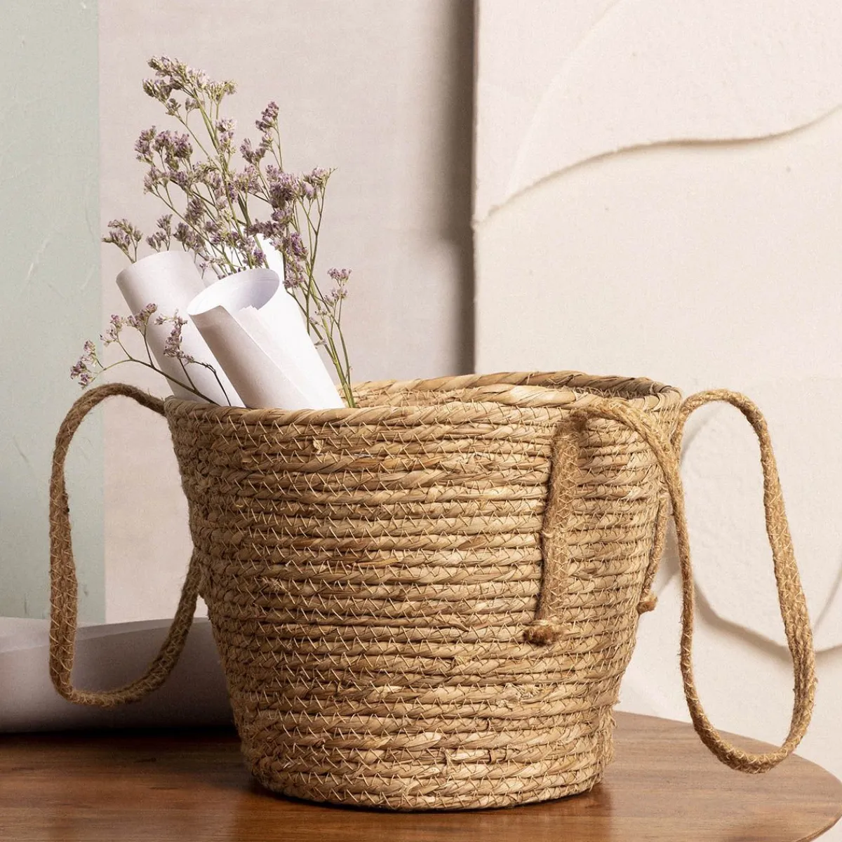 HOMLA Kosz Lumbo Z Trawy Morskiej Z Uchwytami 28X25 Cm Naturalny