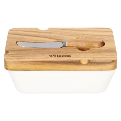 HOMLA Maselniczka Mooka Porcelanowa Z Nozykiem I Akacjowa Pokrywka Biala 11X16 Cm Bialy Sale