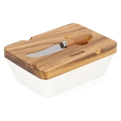 HOMLA Maselniczka Mooka Porcelanowa Z Nozykiem I Akacjowa Pokrywka Biala 11X16 Cm Bialy Sale