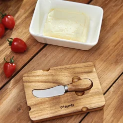 HOMLA Maselniczka Mooka Porcelanowa Z Nozykiem I Akacjowa Pokrywka Biala 11X16 Cm Bialy Sale