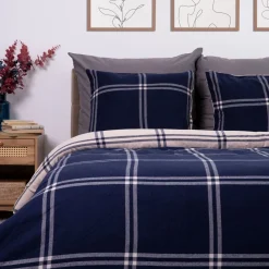 HOMLA Pościel Vella Flanelowa Niebiesko-Bezowa W Krate 200X220 Cm + 2 X 50X60 Cm