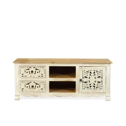 HOMLA Szafka Rtv Banhi Lite Drewno Mango Zlobione 150X40X60 Cm Naturalny Discount