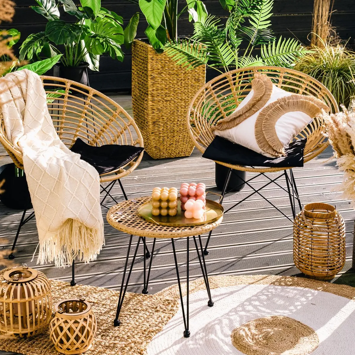 HOMLA Zestaw Mebli Leuca Boho Plecione Naturalne Z Dwiema Poduszkami 3 Szt. Naturalny Best