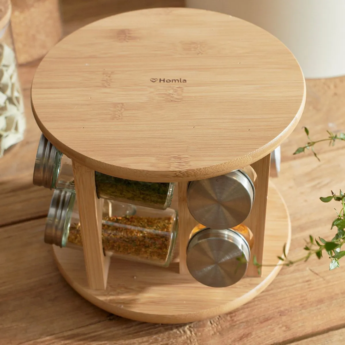 HOMLA Zestaw Przyprawnikow Bambou Na Obrotowym Stojaku - 8 Sloiczkow 15X19 Cm Naturalny Online